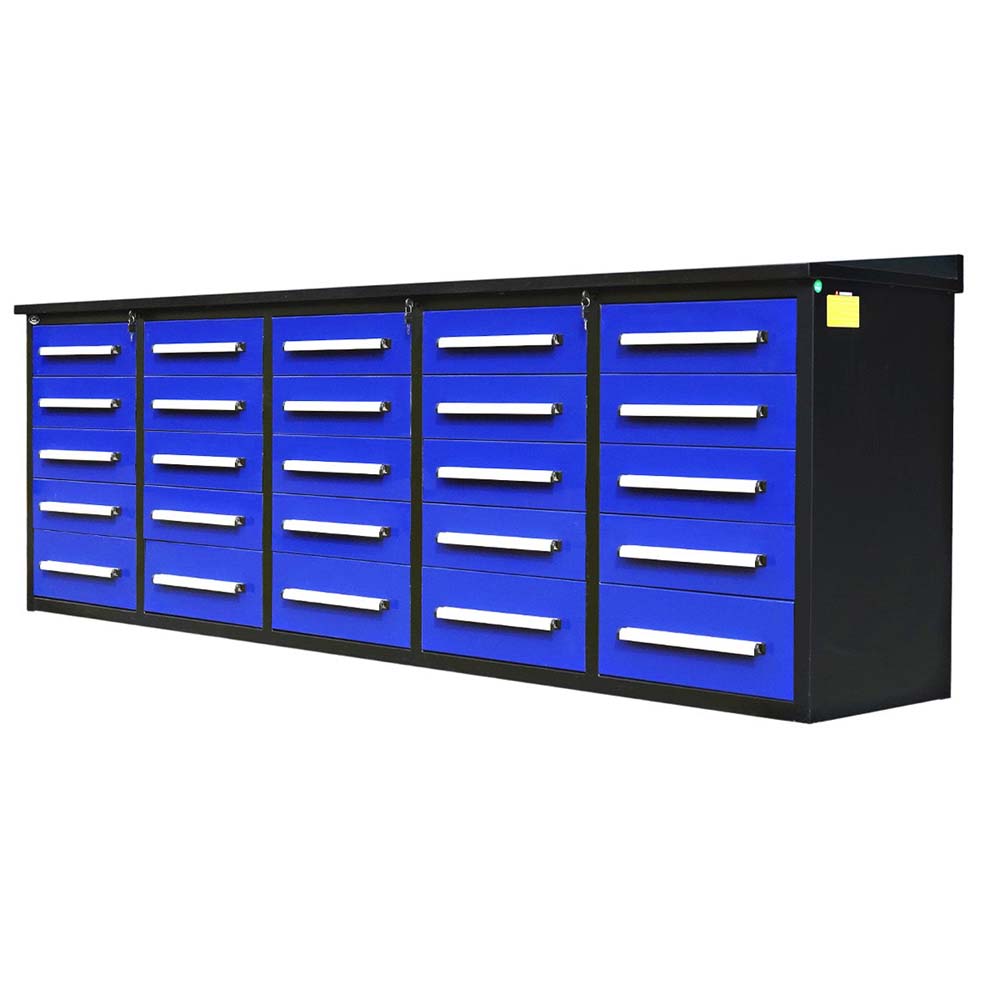 Angled View Of A Long Blue Multi Drawer Workbench With A Black Top And Silver Handle