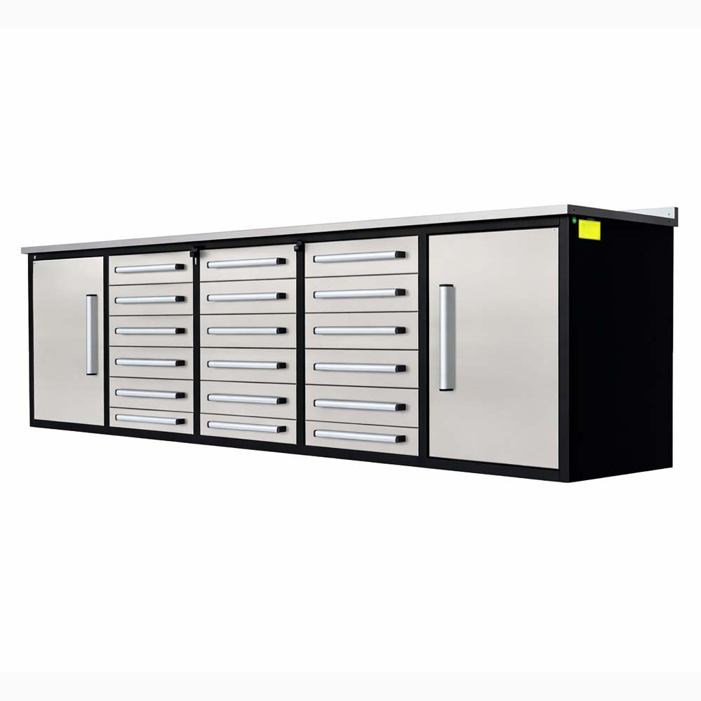 Angled View Of A Long Garage Storage Workbench With A Stainless Steel Top