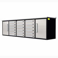 Angled View Of A Long Garage Storage Workbench With A Stainless Steel Top