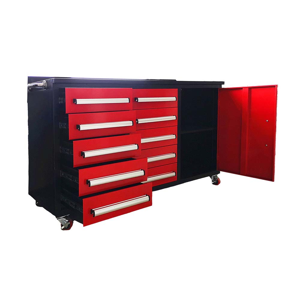 Angled View Of A Red And Black Rolling Workbench With Several Drawers Extended