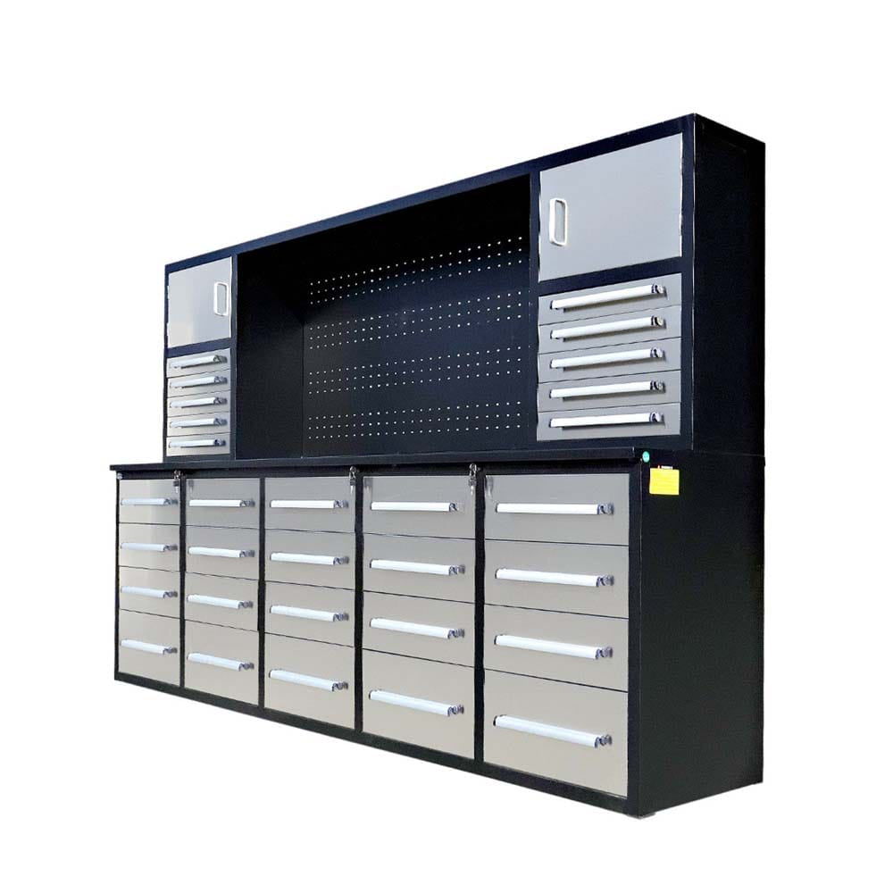 Angled View Shows A Gray And Black Workbench Hutch With Upper Doors Side Drawers And A Center Pegboard