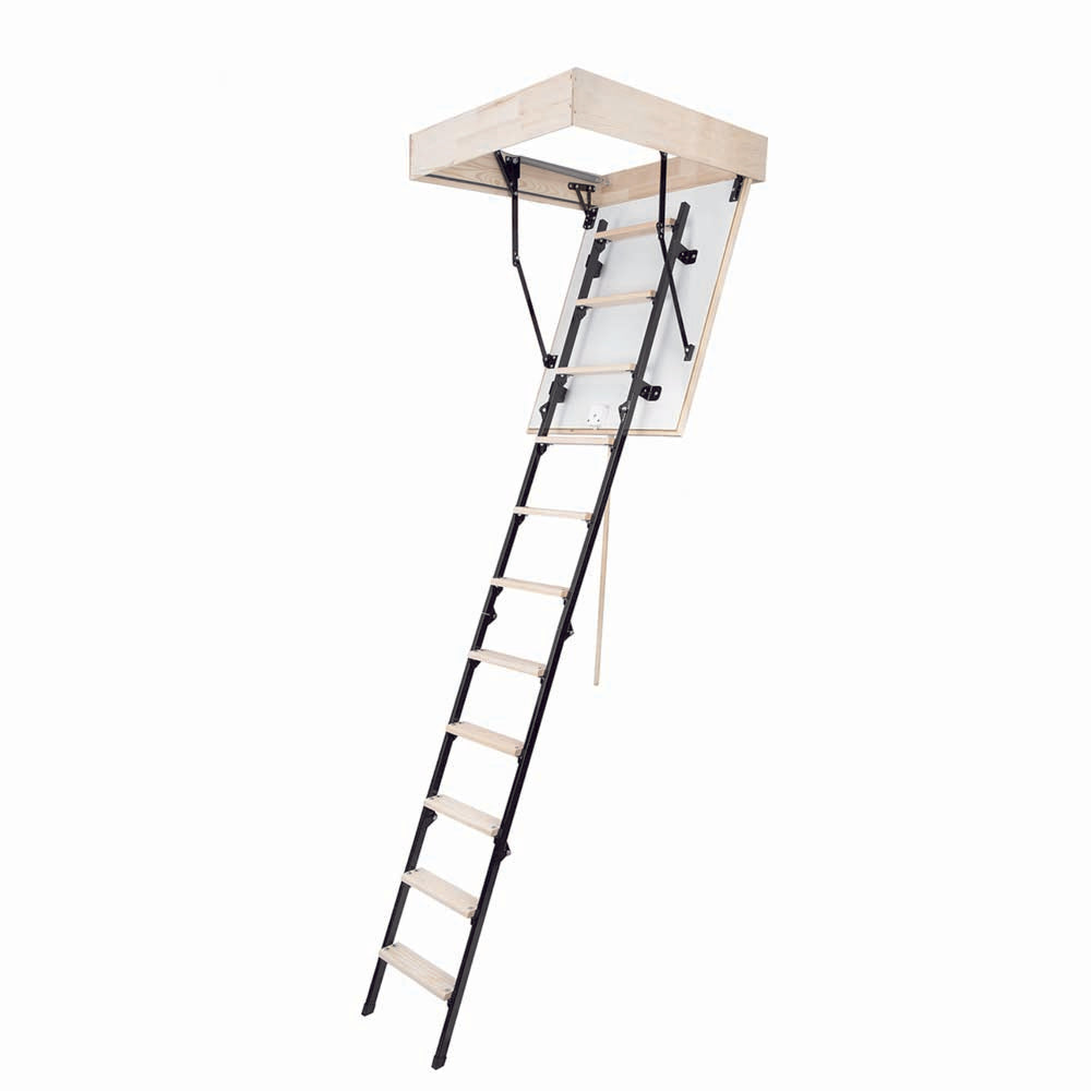 StairLuxe UNI Wooden–Metal Attic Ladder | Compact 4-Section | 350-lb Rated
