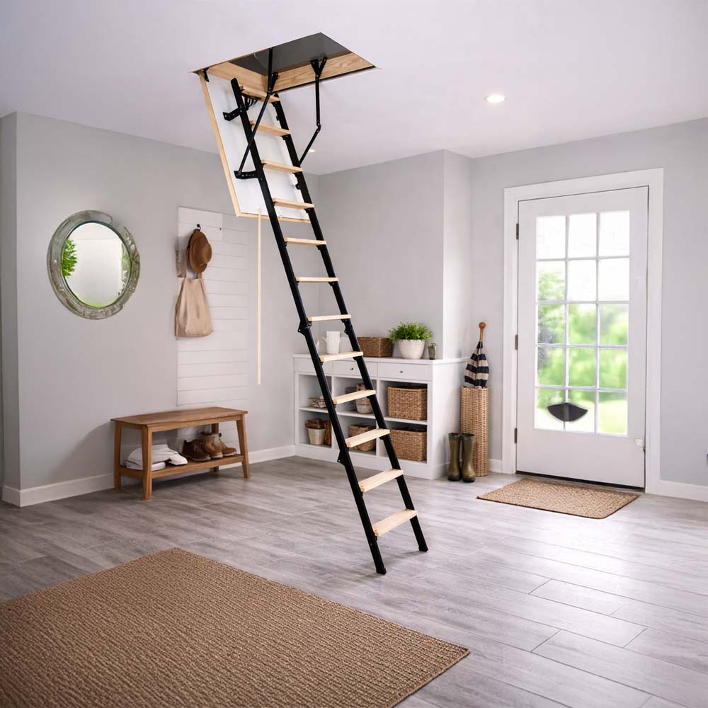 Attic Ladder Extends From Ceiling In A Bright Entryway With Bench And Basket Storage