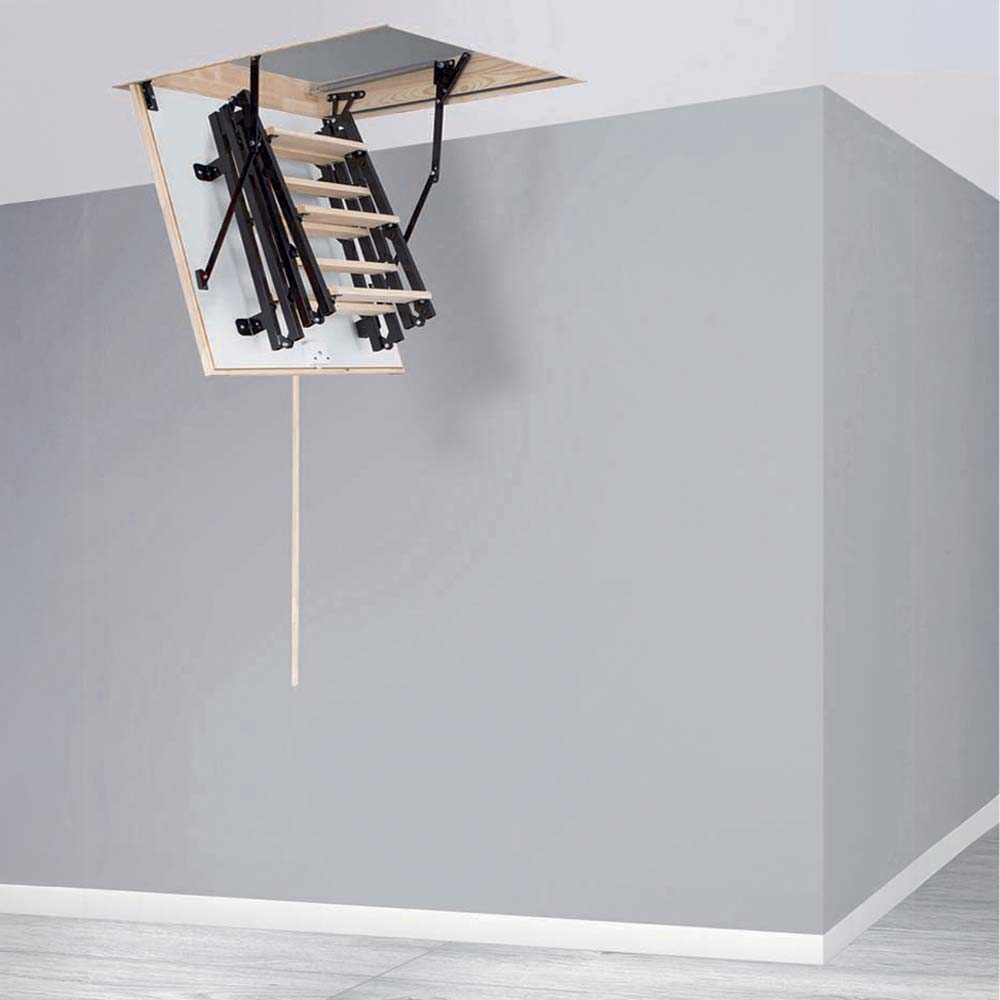 StairLuxe UNI Wooden–Metal Attic Ladder | Compact 4-Section | 350-lb Rated