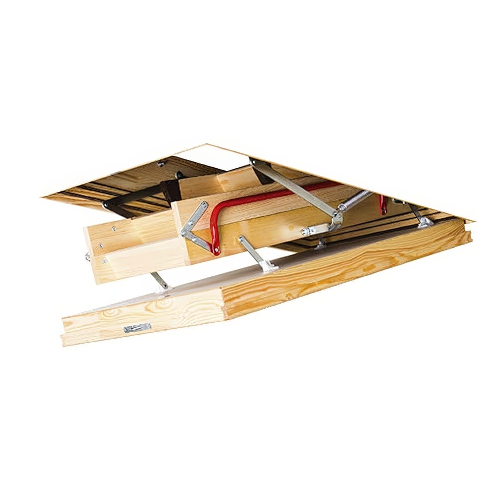 Attic Ladder Partially Folded And Recessed Into The Ceiling Hatch With Metal Arms And A Red Safety Rail