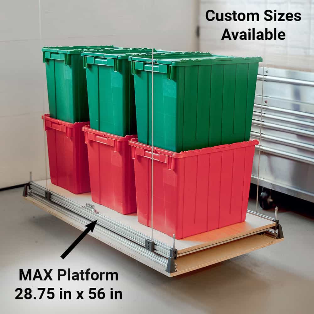 Auxx-Lift MAX platform with six storage totes, lowered close to garage floor.