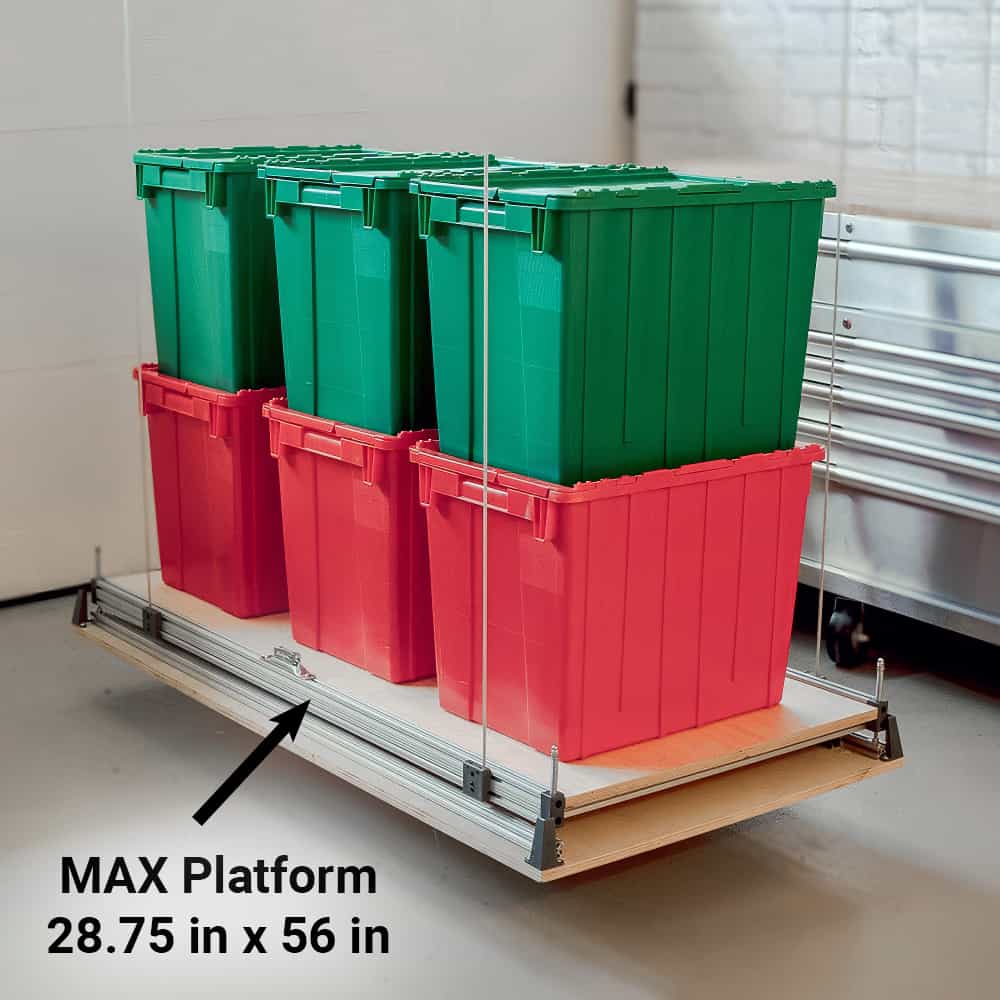 Auxx-Lift MAX platform with six storage totes, lowered close to garage floor.