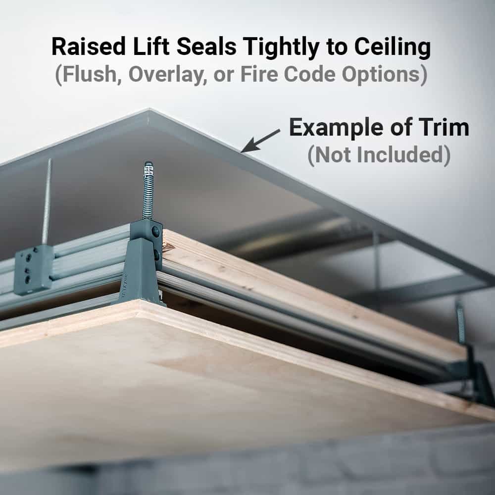 Close-up of raised Auxx-Lift platform corner, sealed tightly to ceiling.