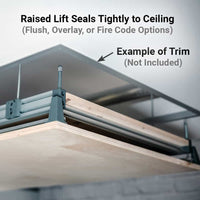 Close-up of raised Auxx-Lift platform corner, sealed tightly to ceiling.