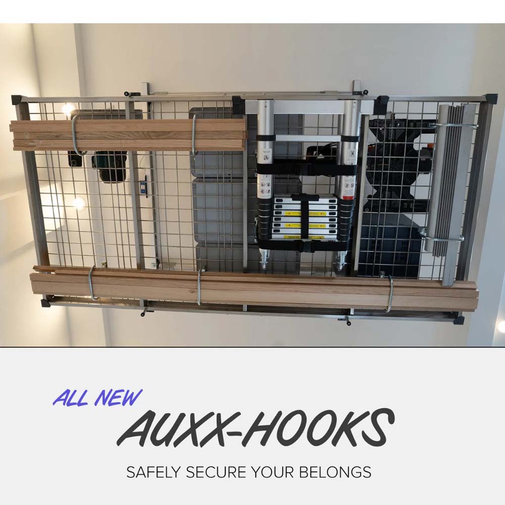 Auxx-Hook With Metal Grid Panels Holding Various Items