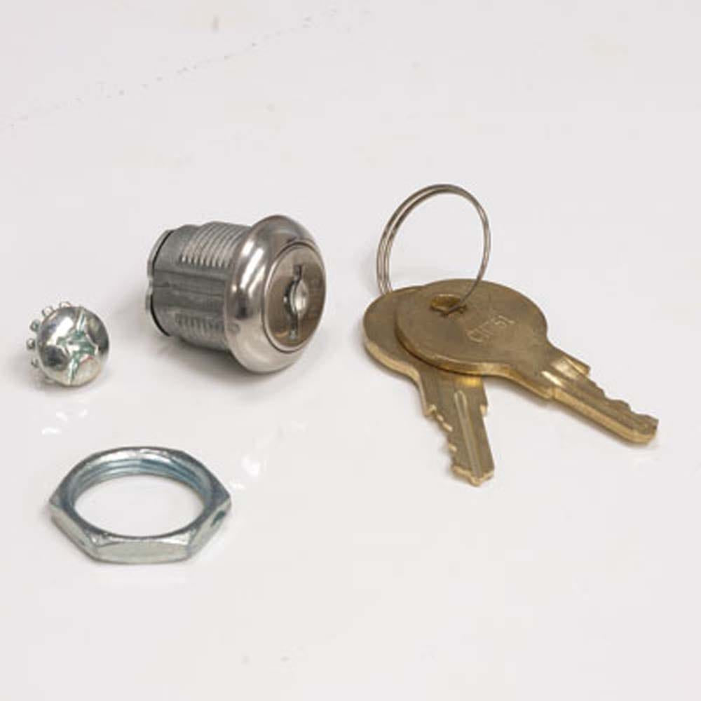 BBL Lock And Key Set Accompanied By Two Brass Keys On A Keyring, A Hexagonal Mounting Nut, And A Small Screw