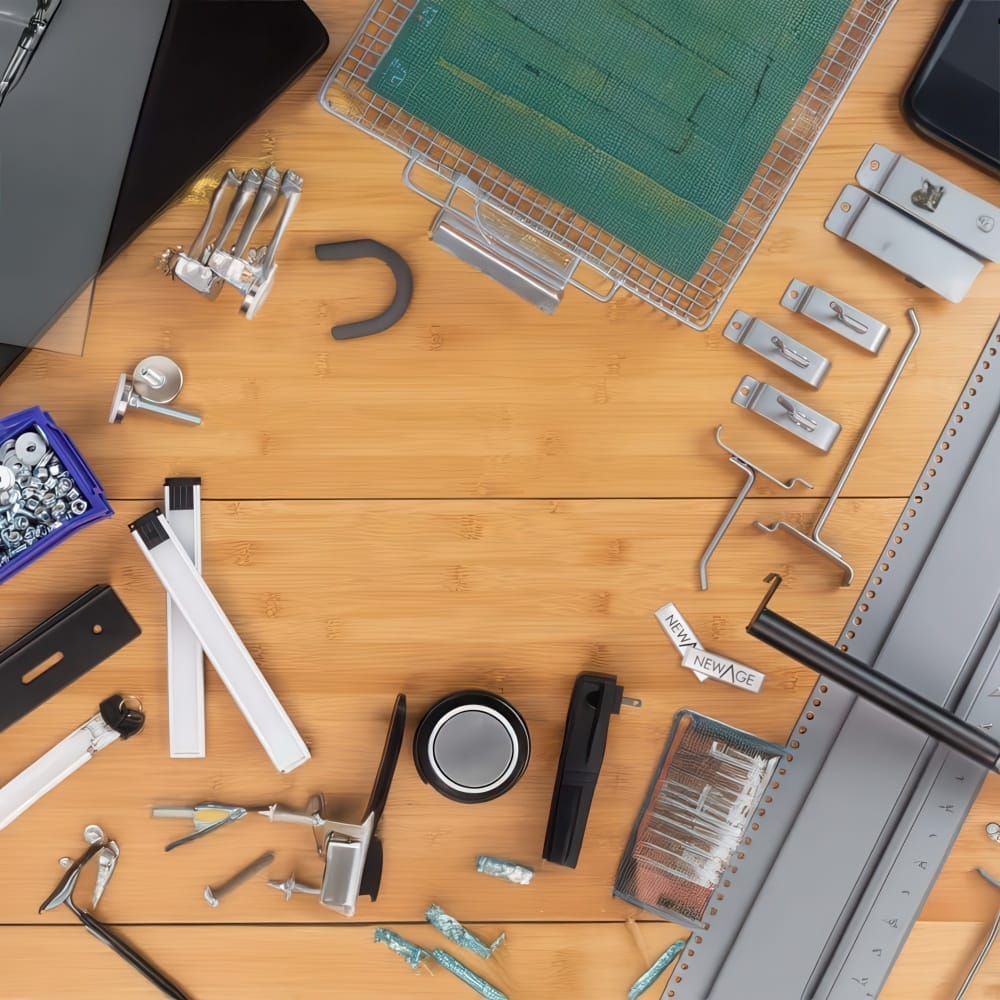 Bamboo Worktop With Sorted Hooks Brackets Screws Ruler And Cutting Mat Laid Out For Garage Cabinet Assembly