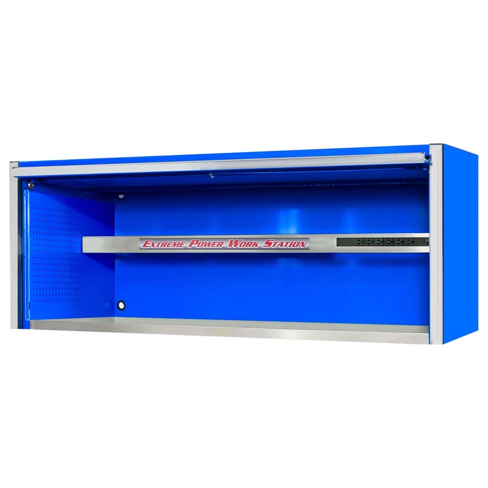 Best Tool Box Hutch By Extreme Tools In Blue With A Silver Trim And Open Door