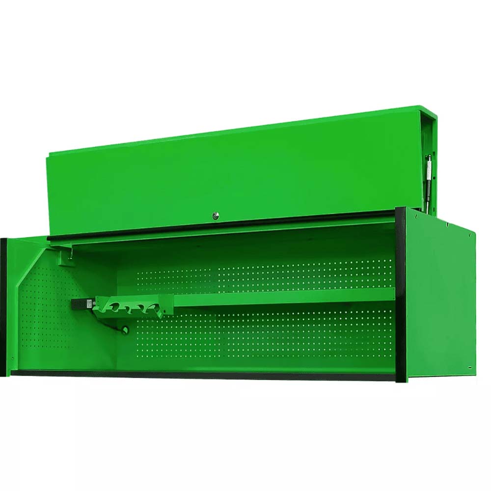 Best Tool Box Hutch Green Top Hutch With Black Side Accents And A Pegboard Back Panel Featuring An Open Lid And A Built In Tool Organizer