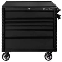 Black 41 Inch Tool Cart By Extreme Tools With A Stainless Steel Top Five Closed Drawers A Side Handle And Mounted On Casters