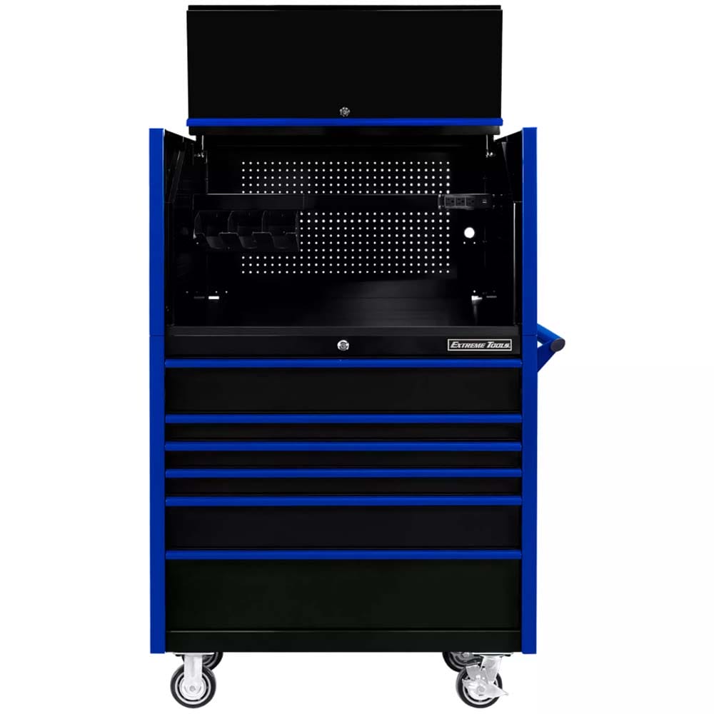 Black And Blue Extreme Tools DX4107HR Rolling Toolbox With Multiple Drawers An Open Top Section Featuring A Pegboard Back, A Shelf, And A Side Handle