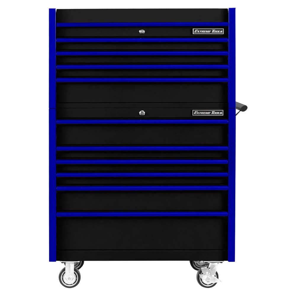 Black And Blue Extreme Tools Rolling Tool Cabinet With Multiple Drawers All Closed And Equipped With Caster Wheels For Mobility
