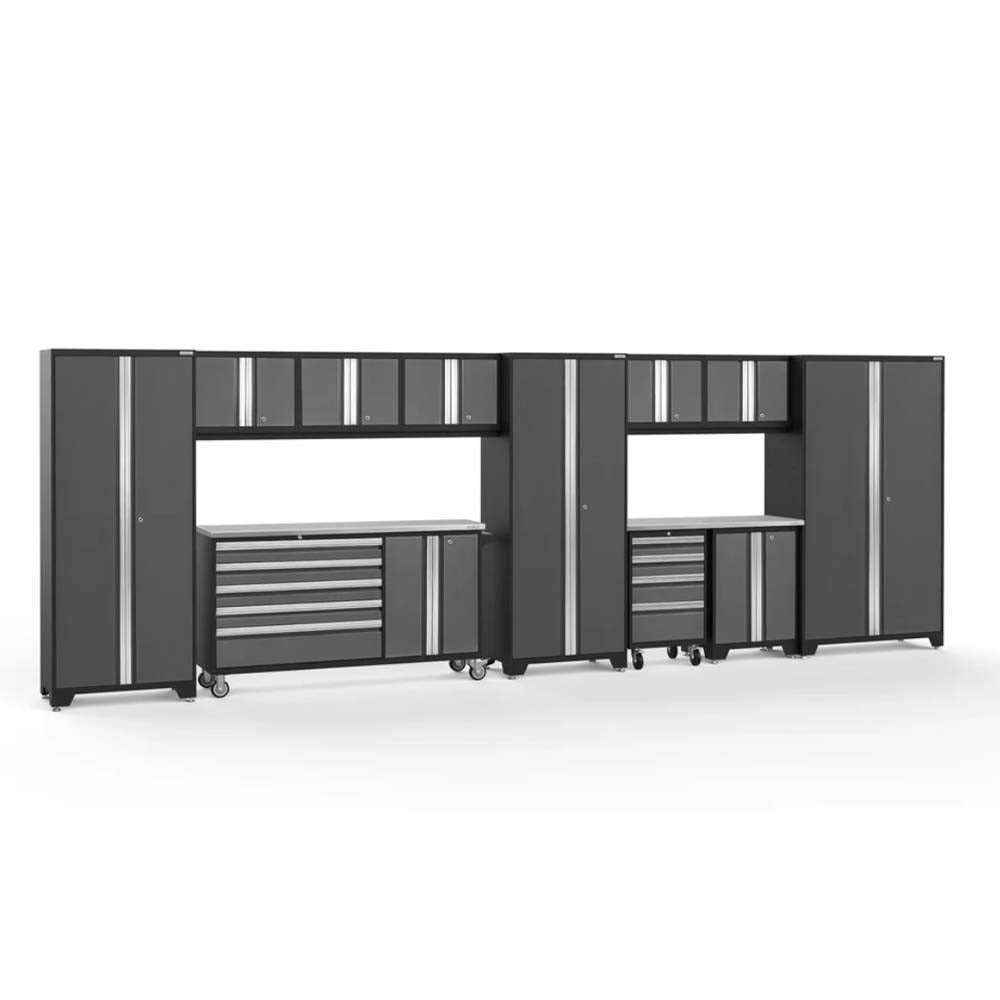 Black And Gray Modular Garage Cabinet Set Is Equipped With Tall Lockers Wall Cabinets And Rolling Tool Drawers