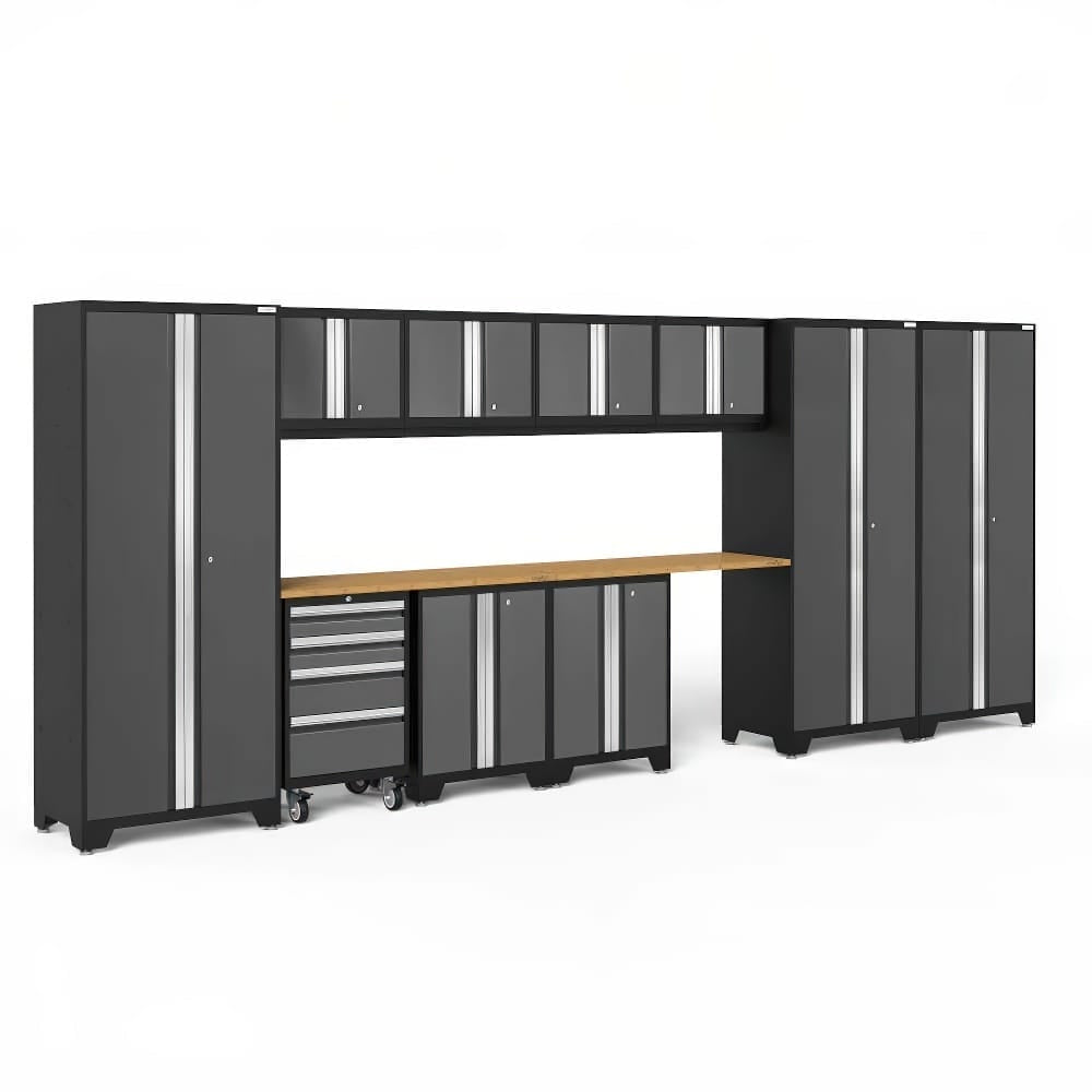 Black And Gray Modular Garage Cabinet Set With A Wooden Worktop, Upper Storage, And Multiple Base Units Including Drawers And Shelves