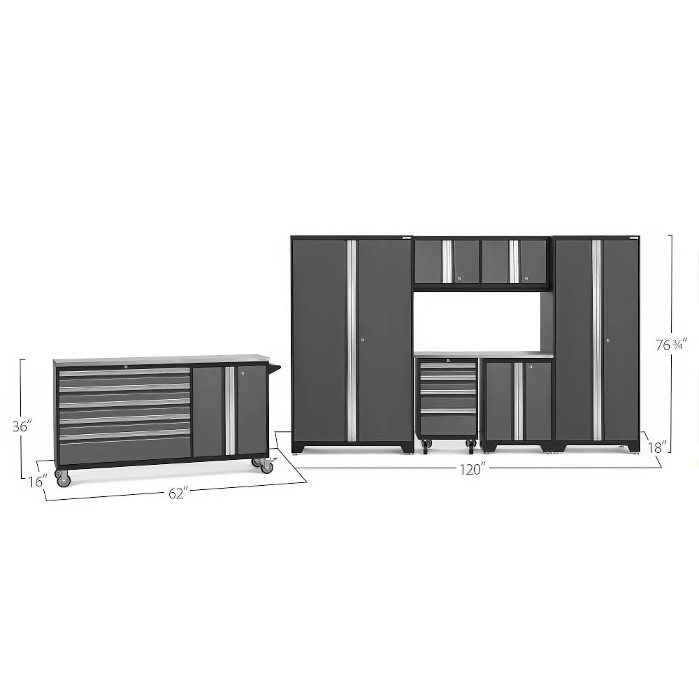 Black And Gray Modular Garage Cabinet Set With Labeled Dimensions Featuring A Combination Of Tall Lockers Upper Cabinets And A Rolling Tool Chest