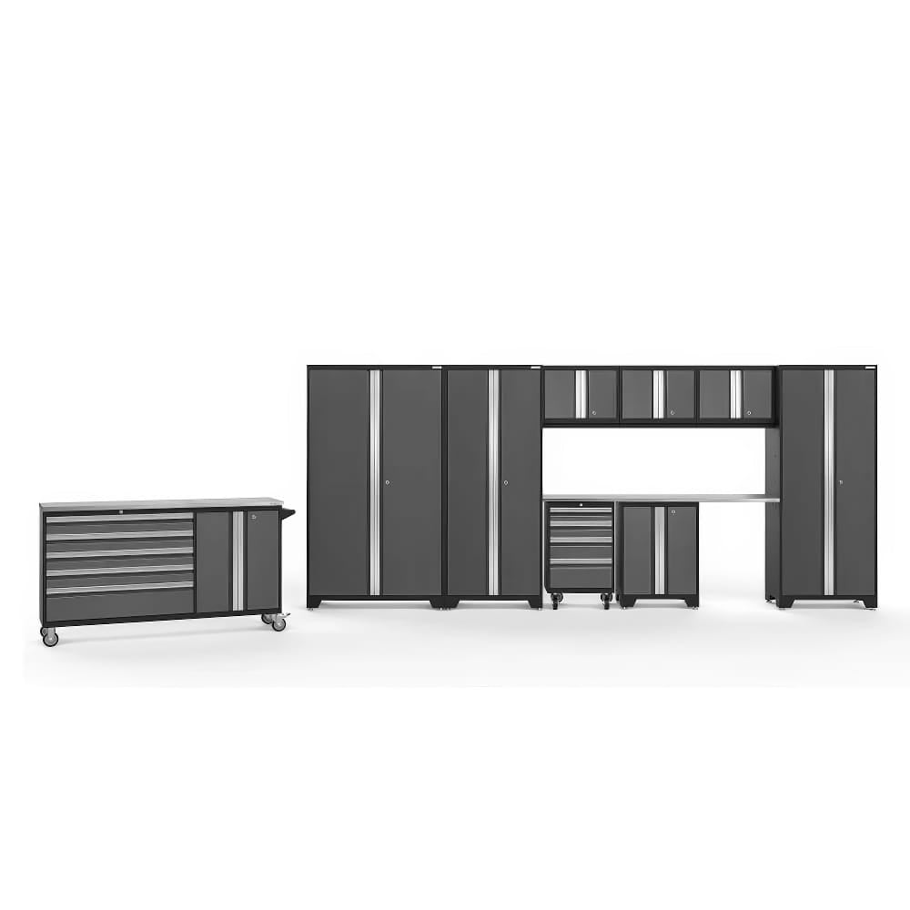 Black And Gray Modular Garage Cabinet System With Tall Lockers Upper Wall Cabinets A Metal Worktop A Mobile Tool Chest And A Rolling Drawer Unit