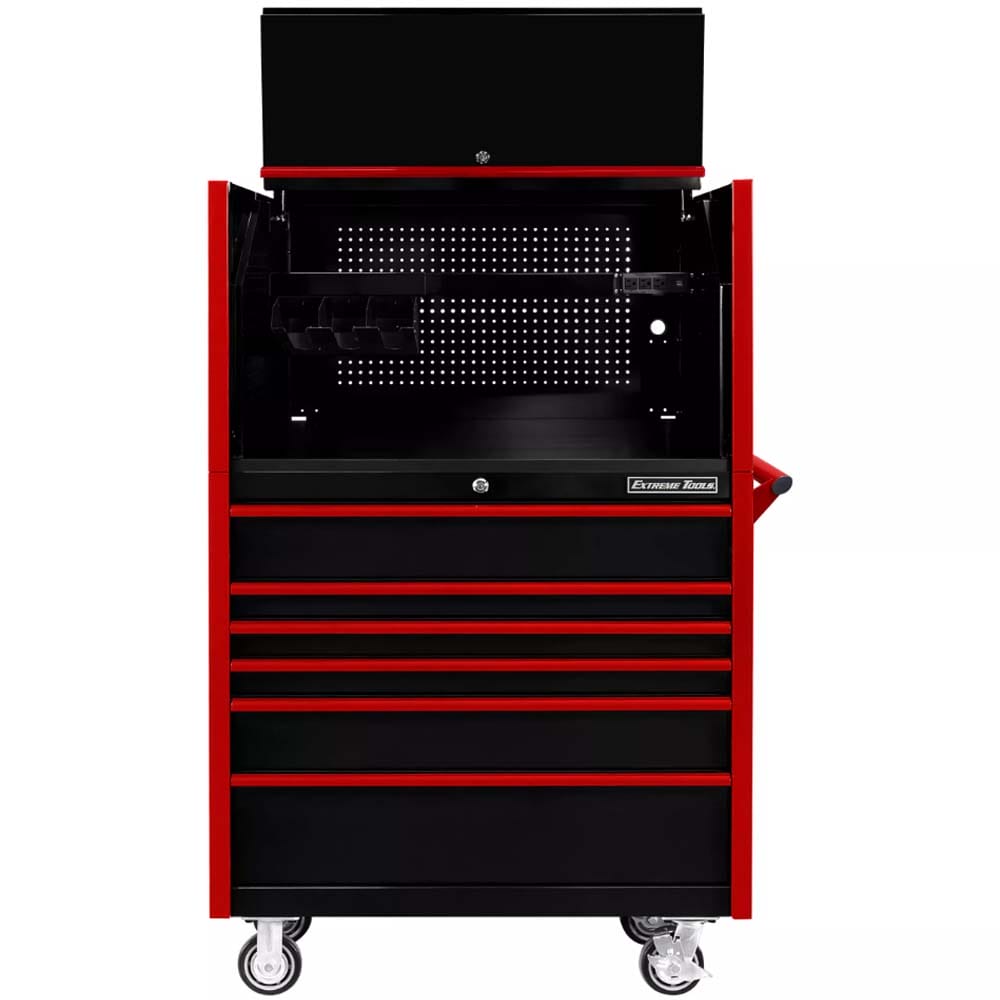 Black And Red Extreme Tools Roller Tool Cabinet With Multiple Drawers An Open Top Section Featuring A Pegboard Back, A Shelf, And A Side Handle