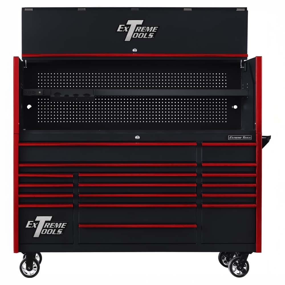 Black And Red Extreme Tools Rolling Tool Cabinet With An Integrated Hutch Pegboard Backing And Multiple Drawers