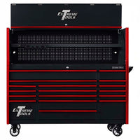 Black And Red Extreme Tools Rolling Tool Cabinet With An Integrated Hutch Pegboard Backing And Multiple Drawers