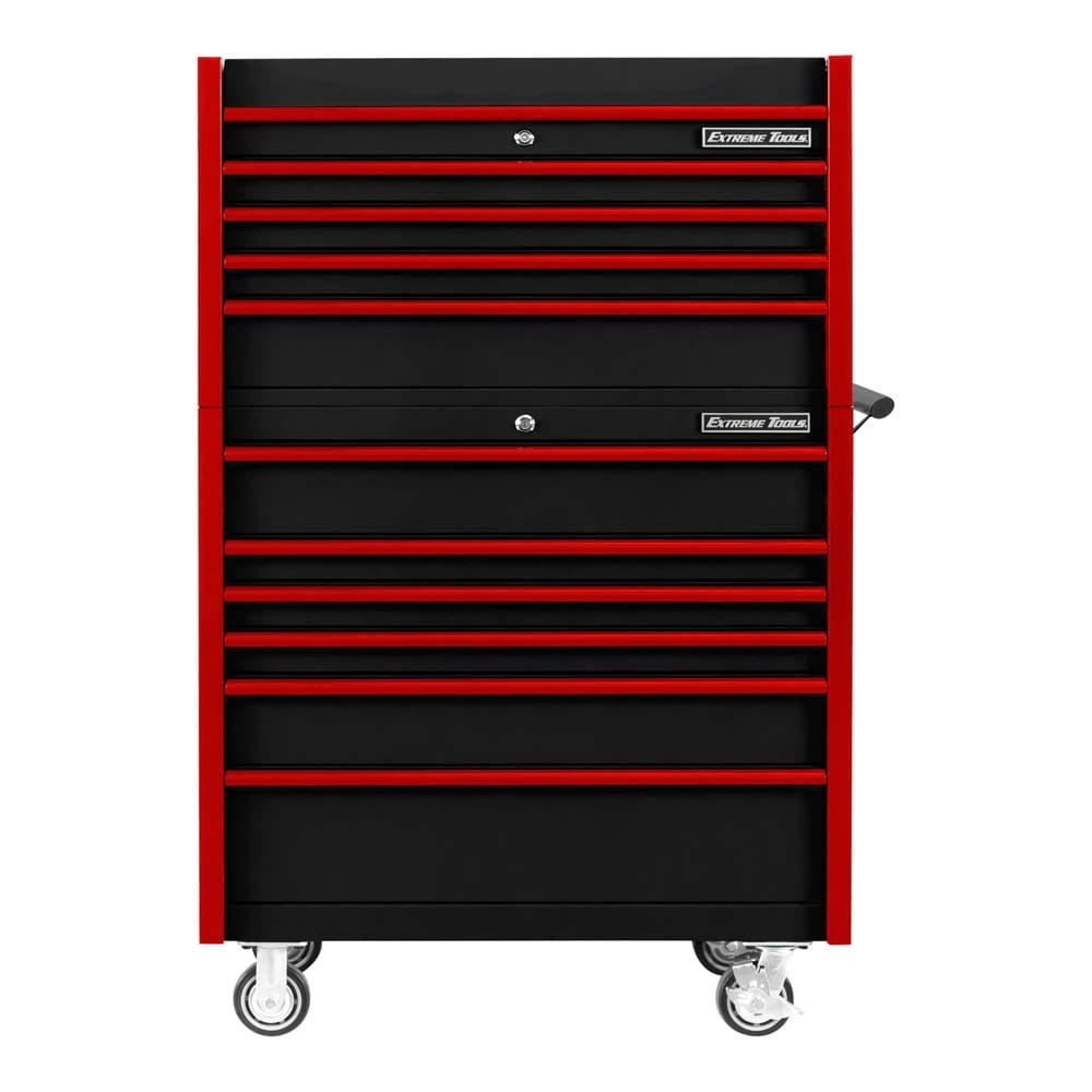 Black And Red Extreme Tools Rolling Tool Cabinet With Multiple Drawers All Closed And Equipped With Caster Wheels For Mobility