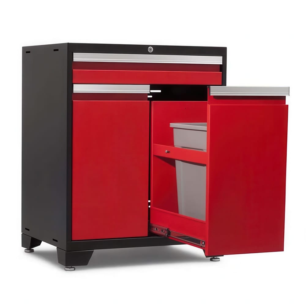 Black And Red Garage Cabinet Shows A Pull Out Tall Door Revealing A Grey Trash Bin On Smooth Roller Slides