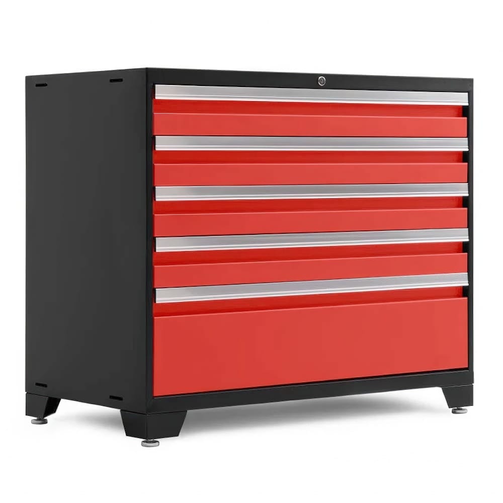 Black And Red Metal Storage Cabinet With Five Drawers And Adjustable Feet