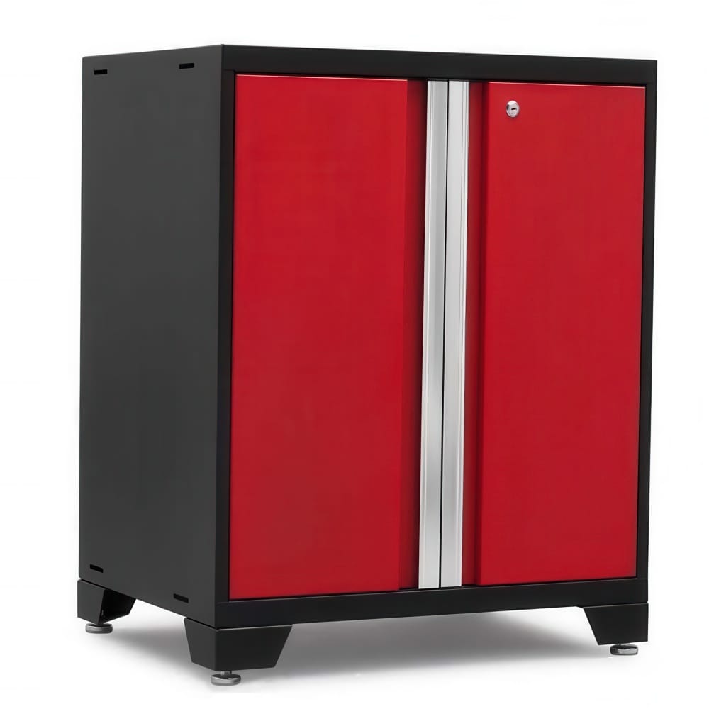 Black And Red Two Door Garage Cabinet With Central Silver Handle Stands On Sturdy Adjustable Feet