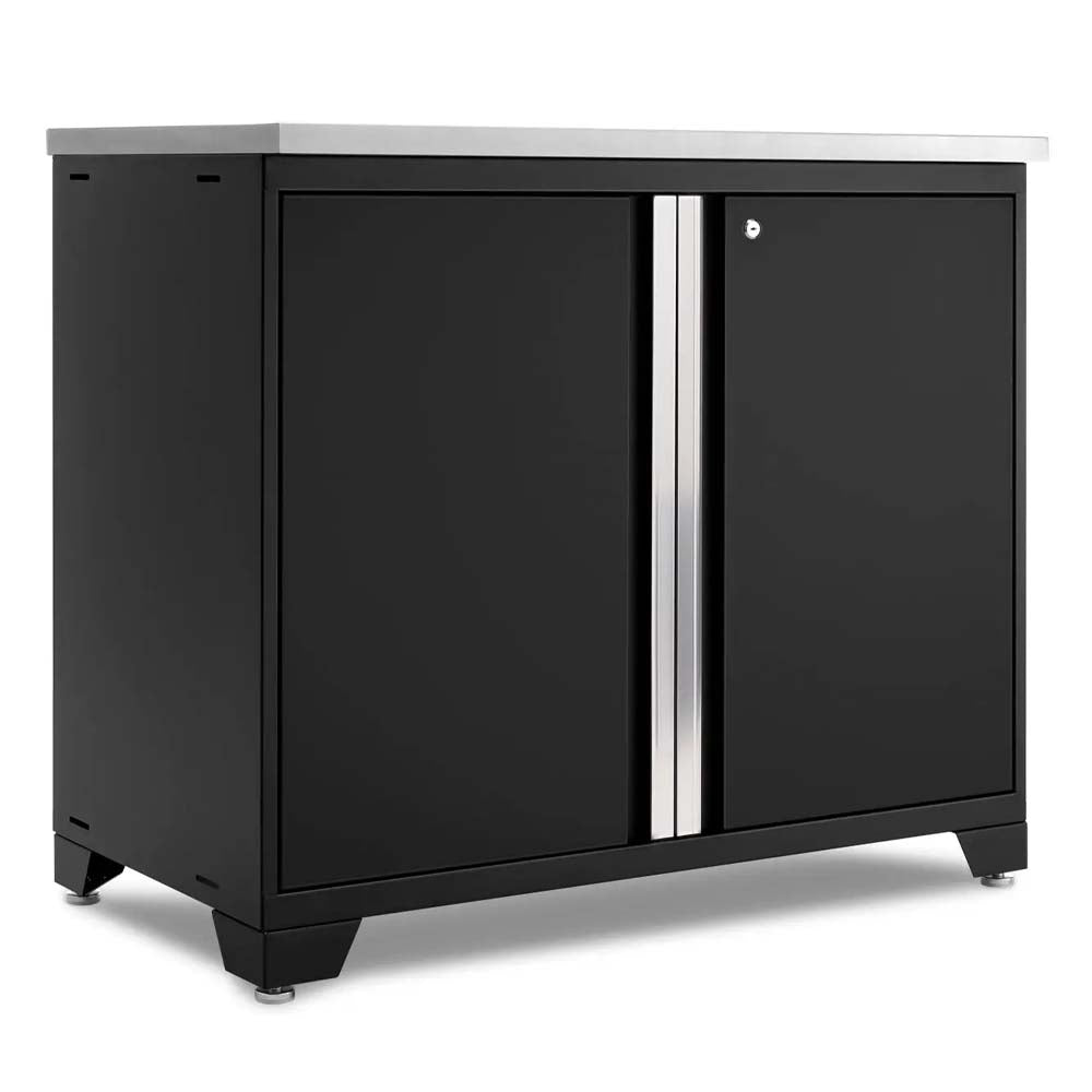 Black Base Cabinet With Double Doors Stainless Steel Worktop And Central Silver Handle Trim
