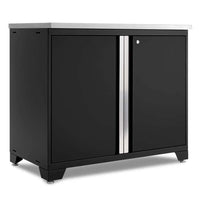 Black Base Cabinet With Double Doors Stainless Steel Worktop And Central Silver Handle Trim