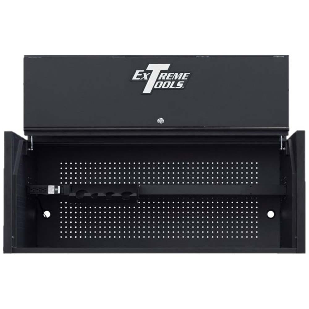 Black Best Tool Box Hutch By Extreme Tools With An Open Upper Compartment Featuring A Pegboard Back Panel And A Power Strip On The Left Side