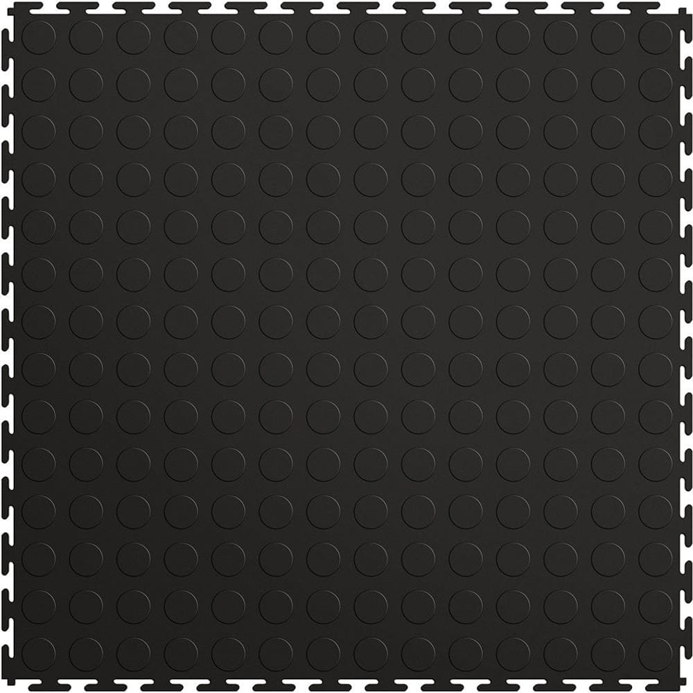 Black Coin Garage Floor Tiles By Perfection Tile, Featuring A Grid Of Circular Indentations With Interlocking Edges