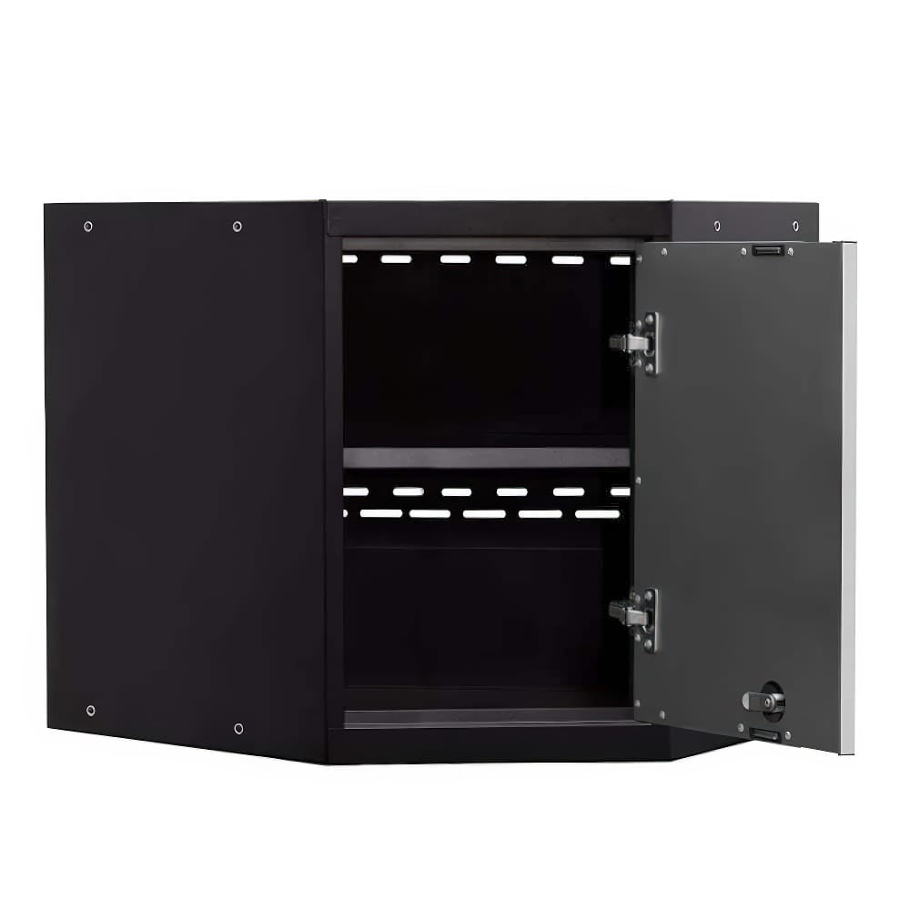 Black Corner Cabinet With Open Door Revealing Two Empty Shelves