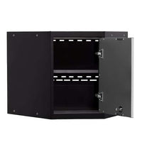 Black Corner Cabinet With Open Door Revealing Two Empty Shelves