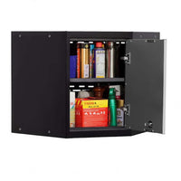 Black Corner Cabinet With Open Door Showing Shelves Filled With Household Items