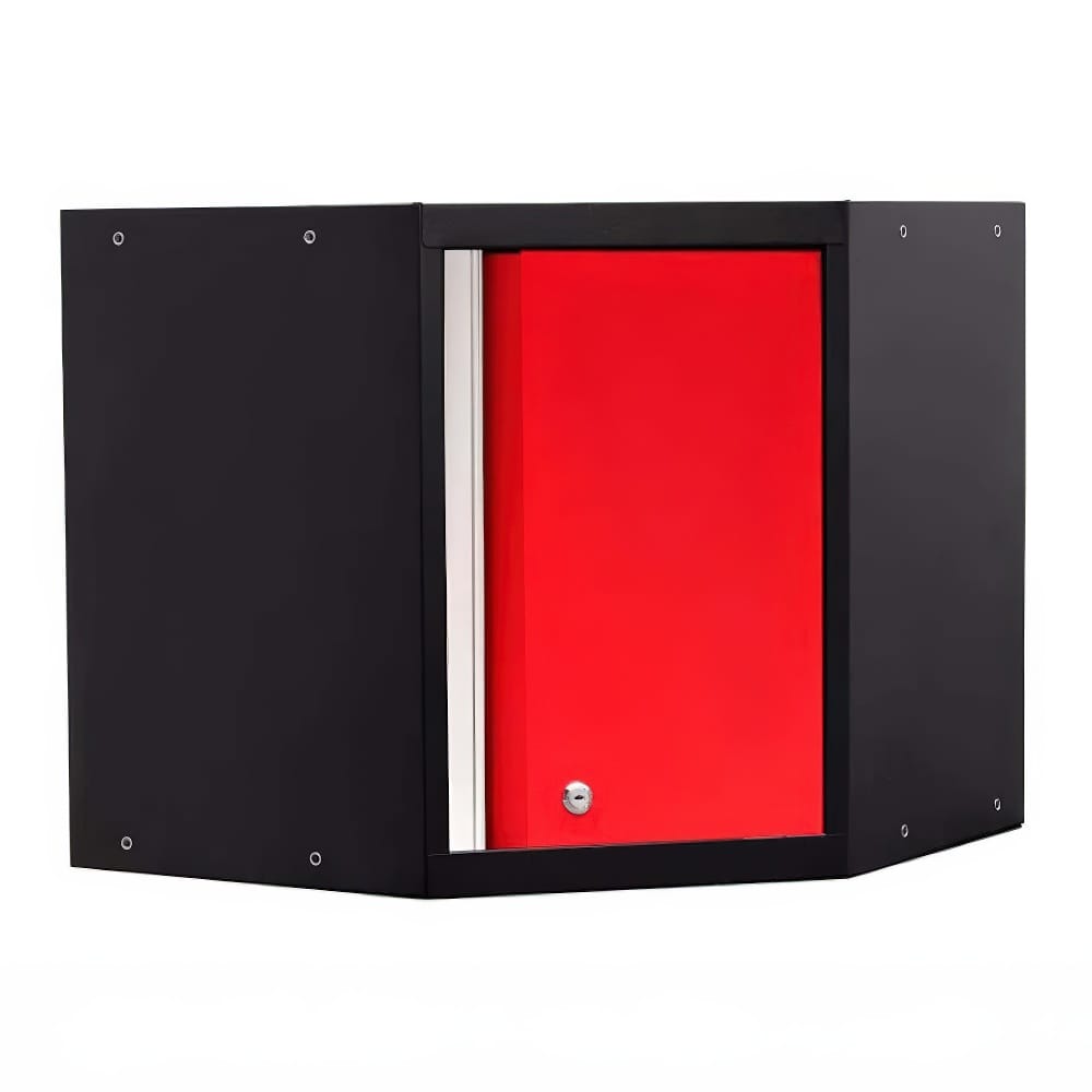 Black Corner Wall Cabinet With Bright Red Single Door And Silver Handle Trim