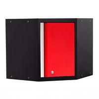 Black Corner Wall Cabinet With Bright Red Single Door And Silver Handle Trim