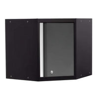 Black wall-mounted corner cabinet with mirrored door and modern design.