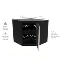 Black Corner Wall Cabinet With Open Door Showing Two Shelves And Dimension Labels