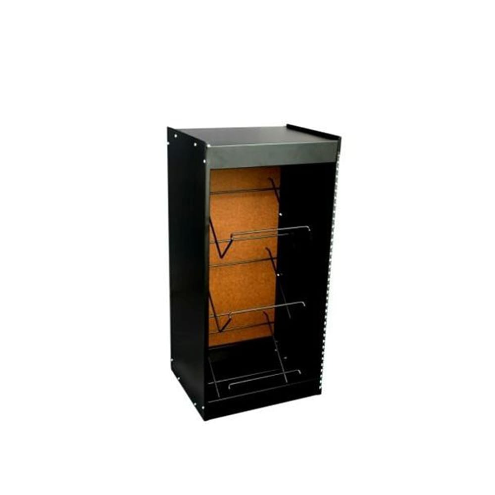 Black Craftline Hose Cabinet Featuring Three Wire Shelves And A Brown Back Panel