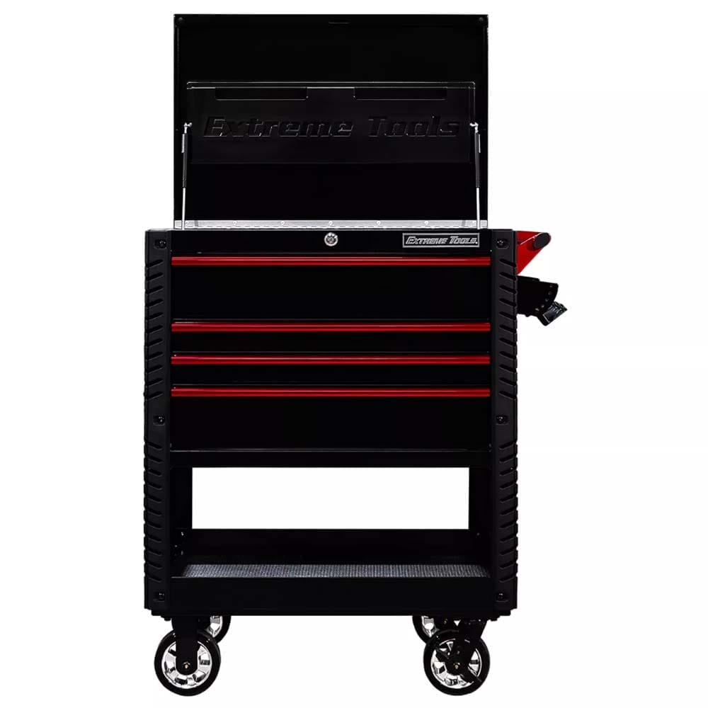 Black Extreme Tools 33 Inch Tool Cart With Four Drawers Accented With Red Trim, An Open Top Lid, A Side Handle And Mounted On Casters