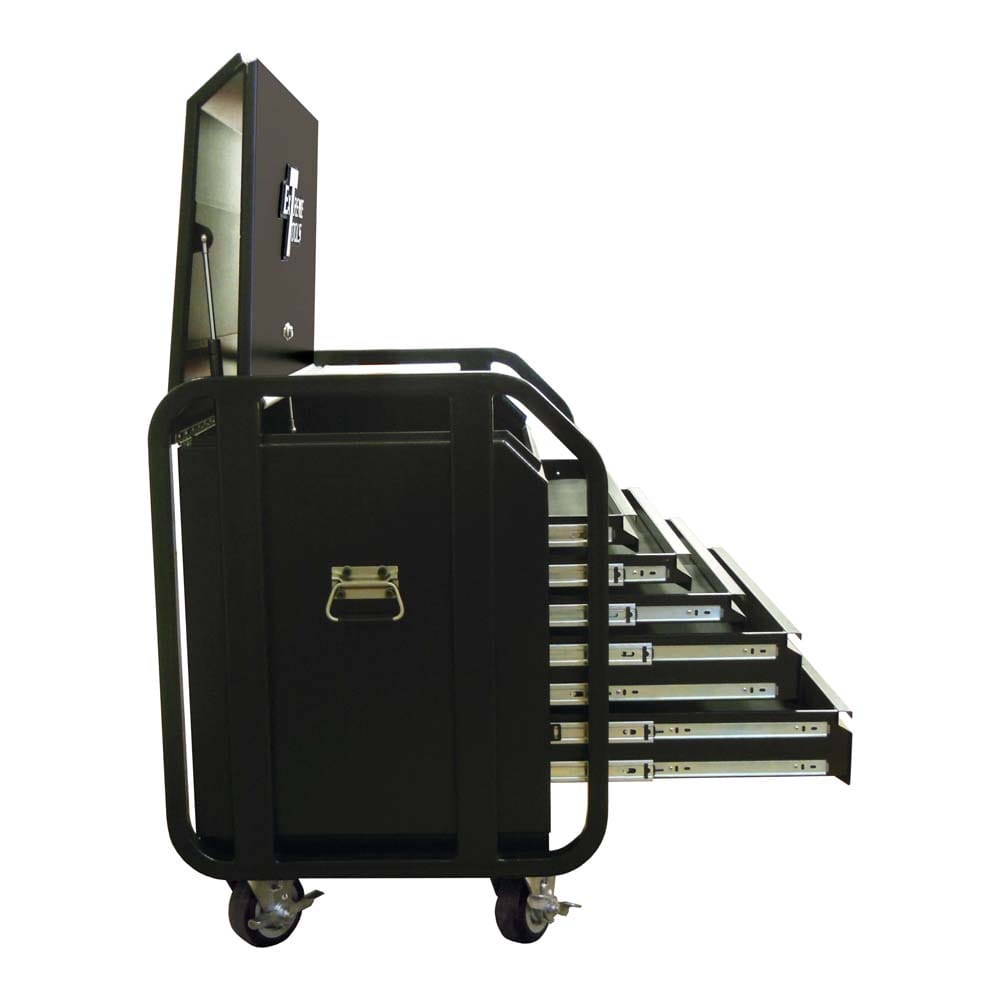 Black Extreme Tools 36 Viewed From The Side With Multiple Drawers Extended And A High Back Panel Open Featuring Sturdy Side Handles And Caster Wheels For Mobility