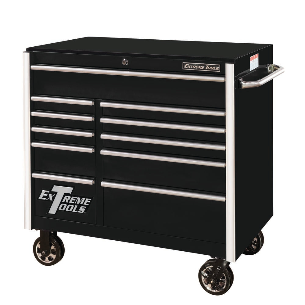 Black Extreme Tools 41 RX Series With Multiple Drawers Silver Handles And Caster Wheels