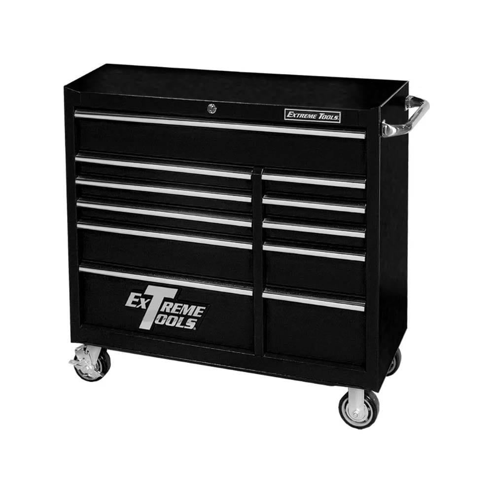 Black Extreme Tools 41 Roller Cabinet With Eleven Drawers Chrome Handles and Heavy-Duty Casters Featuring A Lock And A Side Handle For Mobility