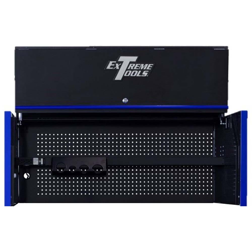 Black Extreme Tools 55 Inch Tool Box Hutch With Blue Accents The Lid Open And A Perforated Back Panel With An Adjustable Shelf And Tool Holder