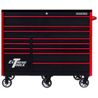 Black Extreme Tools 55 Inch Tool Chest With Multiple Red Handled Drawers Mounted On Caster Wheels